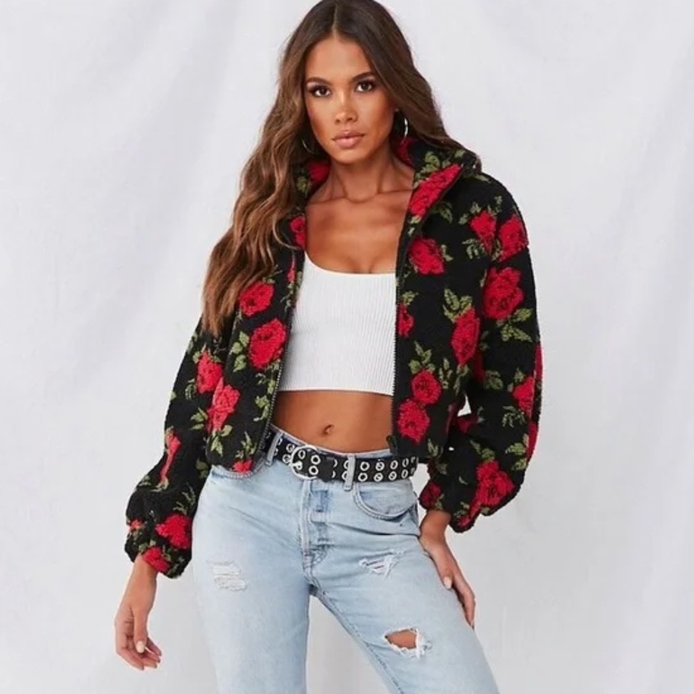 Forever 21 Floral Fleece Cropped Teddy Jacket